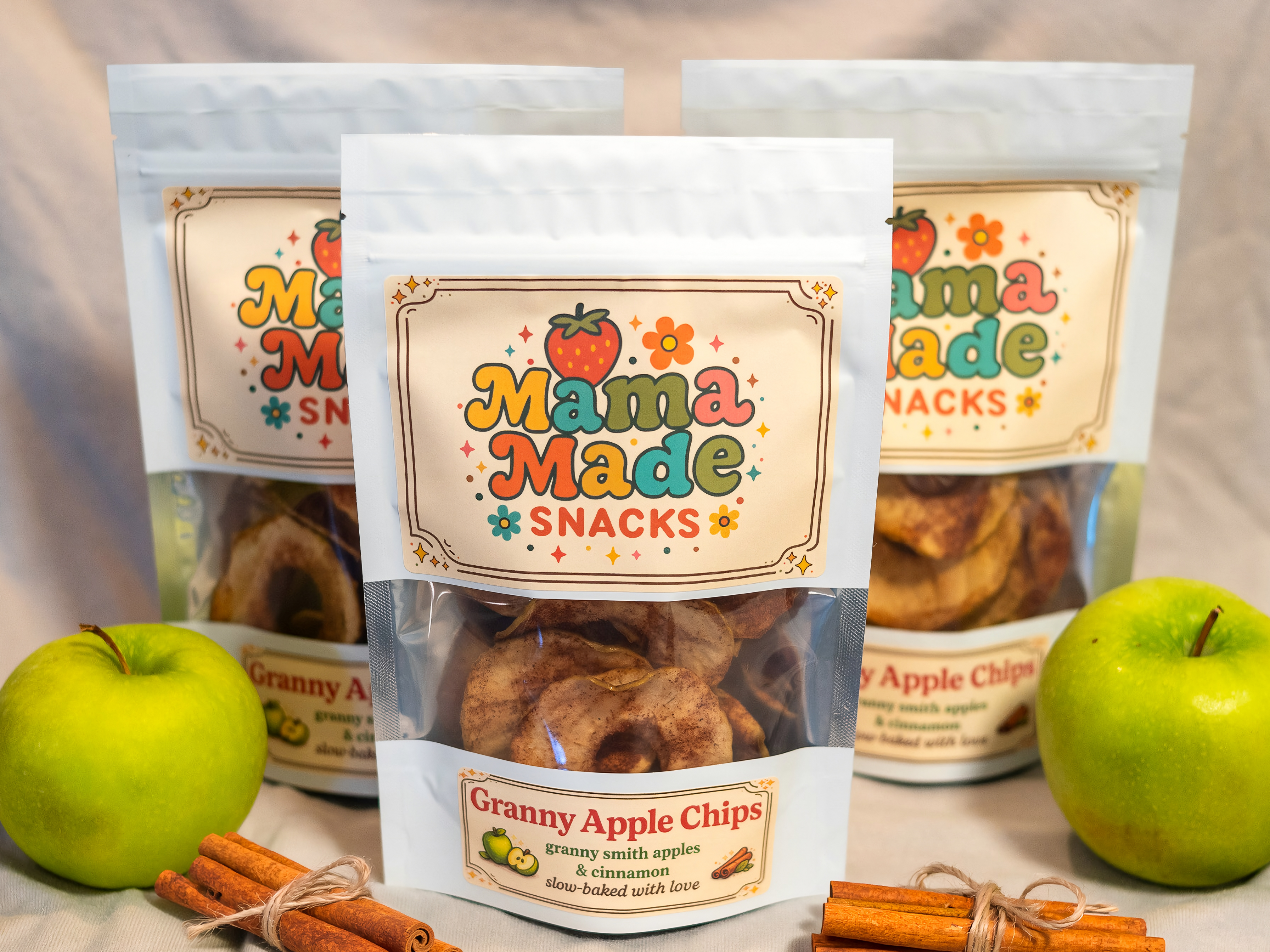 Packaged Granny apple chips with green apples and cinnamon sticks